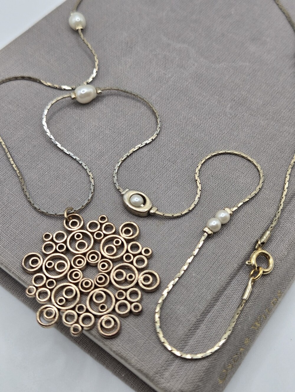 Gold Flat Herringbone Chain Necklace Whimsical Scroll Station Pearls 26" Boho